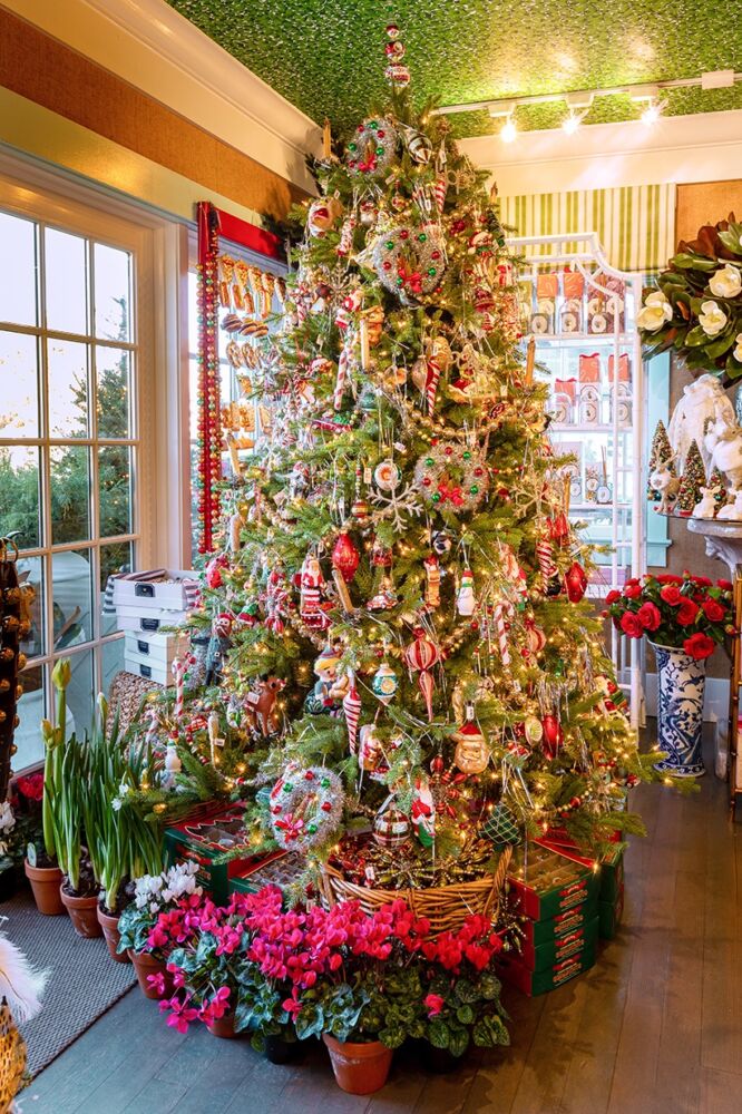 East Hampton Gardens Christmas loaded with traditional decorations tree in the shop.