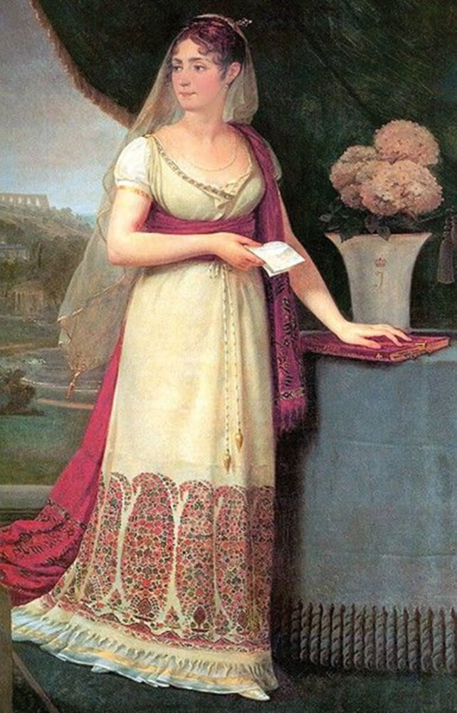 Empress Josephine stands in a cream empire waist dress in front of a vase of pink hydrangeas in a 19th century oil painting.