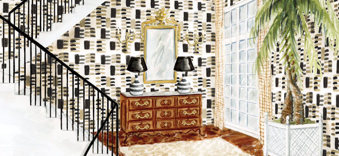 Rendering of the entry foyer and stairs designed by Ware Porter at the Flower magazine Baton Rouge Showhouse