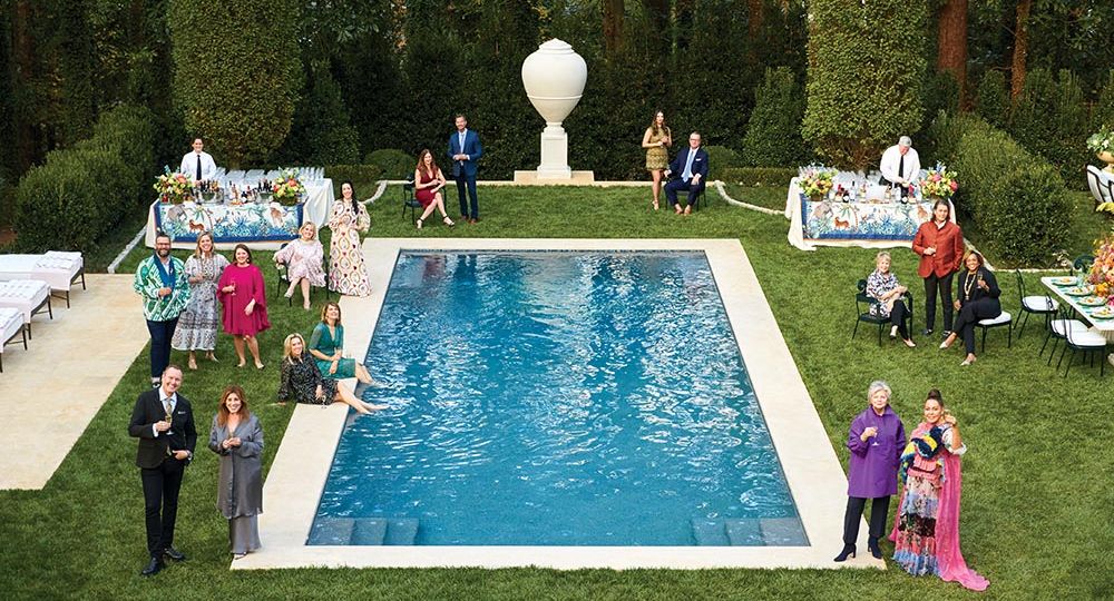 Photo of backyard and pool area with designers of the Flower Magazine Atlanta Showhouse: Charlotte Moss, Suzanne Kasler, Barry Dixon, Michelle Nussbaumer, Nellie Howard Ossi, Fran Keenan, Lisa Mende, Bunny Williams, Elaine Griffin, Tristan Harstan, Julie Dodson, Ray Booth, Melanie Millner, Ashley Whittaker, Jared Hughes, Mallory Mathison Glenn, Nina Long, and Don Easterling