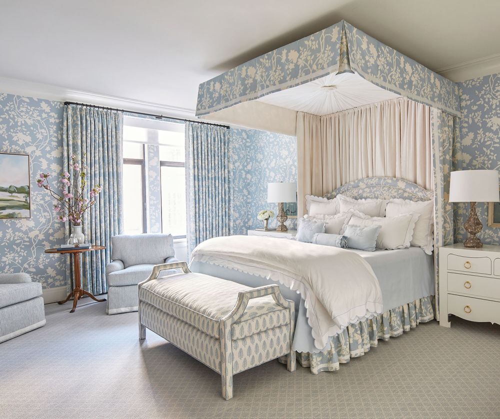 Pale blue patterns cover a bedroom.