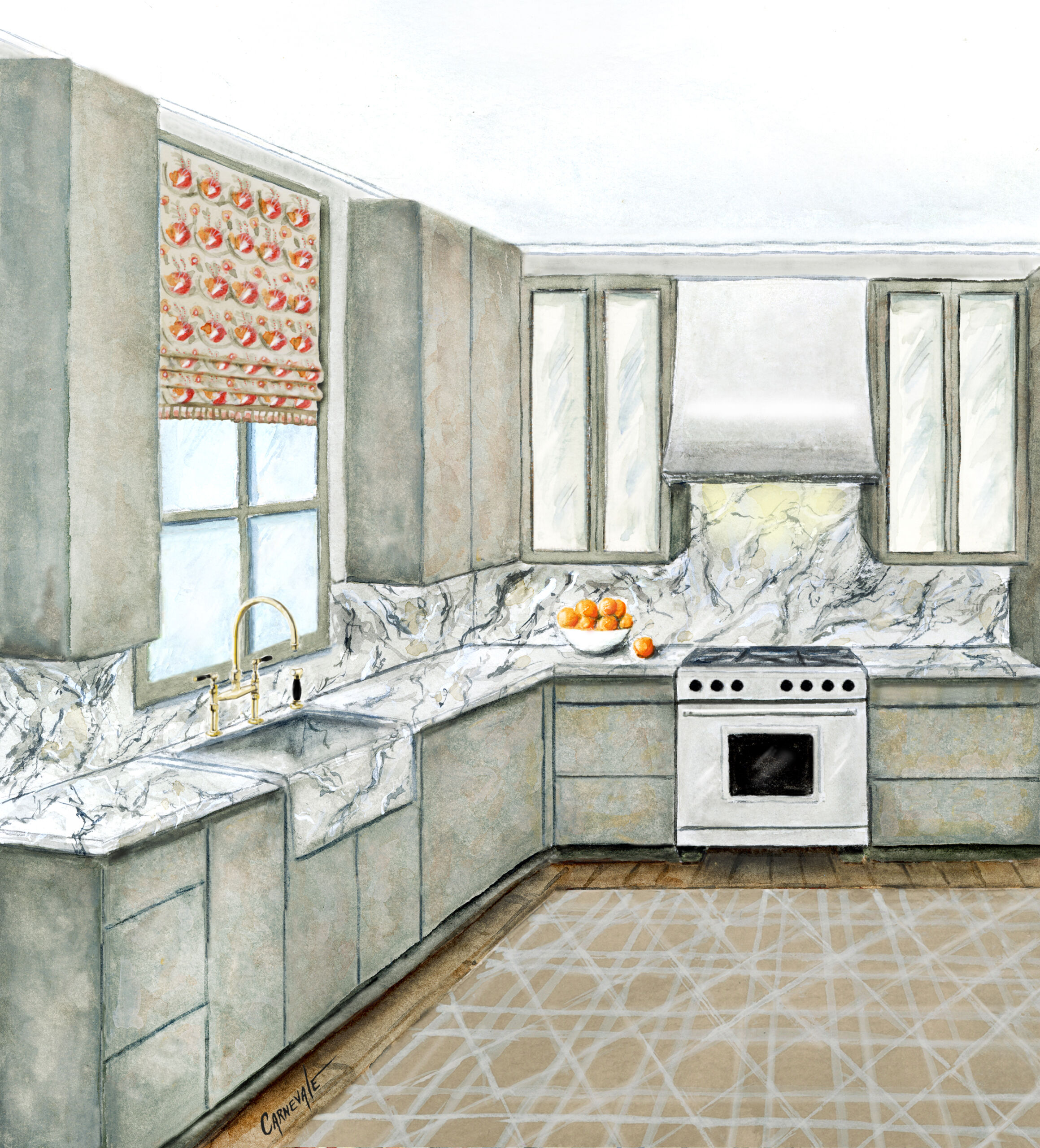Artist's rendering of catering kitchen designed by Melanie Millner