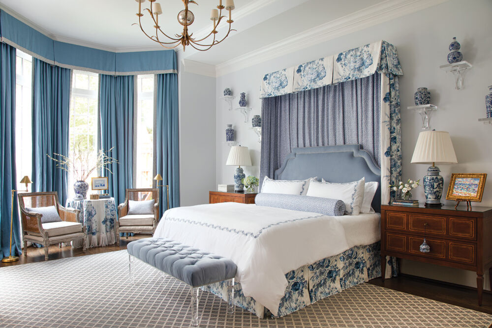 Pictured here is an elegant bedroom dress in blue and white chintz inspired patterns.
