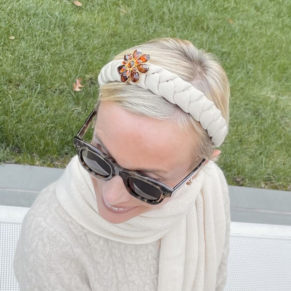 Amber brooch on braided headband