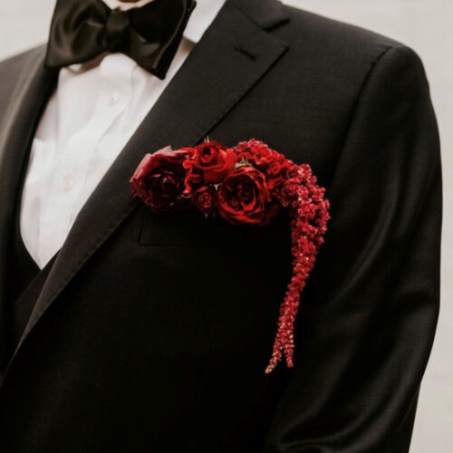 Red pocket square boutonniere