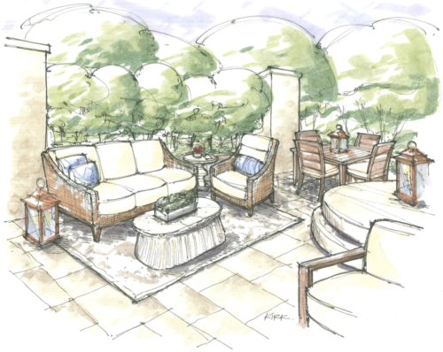 Rendering of terrace designed by Tish Mills Kirk