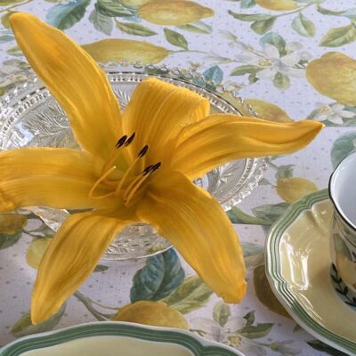 A vibrant yellow 'Mico' daylily bloom in a small glass dish beside a cup and saucer, sitting on a botanical tablecloth featuring lemons and white flowers