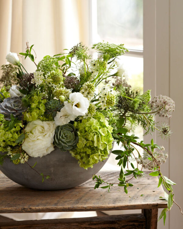 Green and white summer flower arrangement by Buffy Hargett Miller featuring succulents⁠⁠