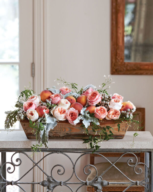 coral summer flower arrangement by Buffy Hargett Miller featuring peaches
