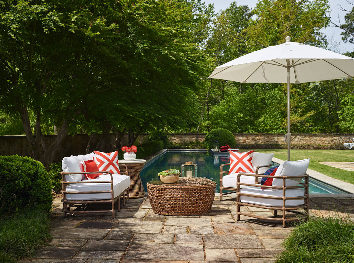 Summer Classics patio furniture with red, white, and blue poolside furniture
