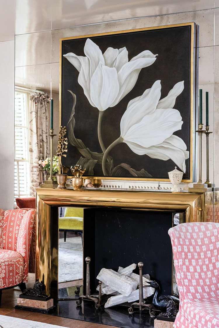 floral painting, fireplace surround