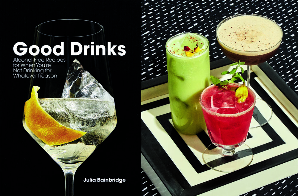 the book cover features a fancy cocktail silhouetted on a black background; the photo on the right features three fancy, colorful nonalcoholic cocktails on an elegant modern tray