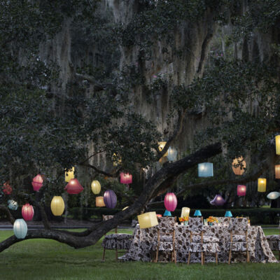 table set under a large old oak covered in Spanish moss. Colorful paper lanterns hanging in the tree set the scene aglow