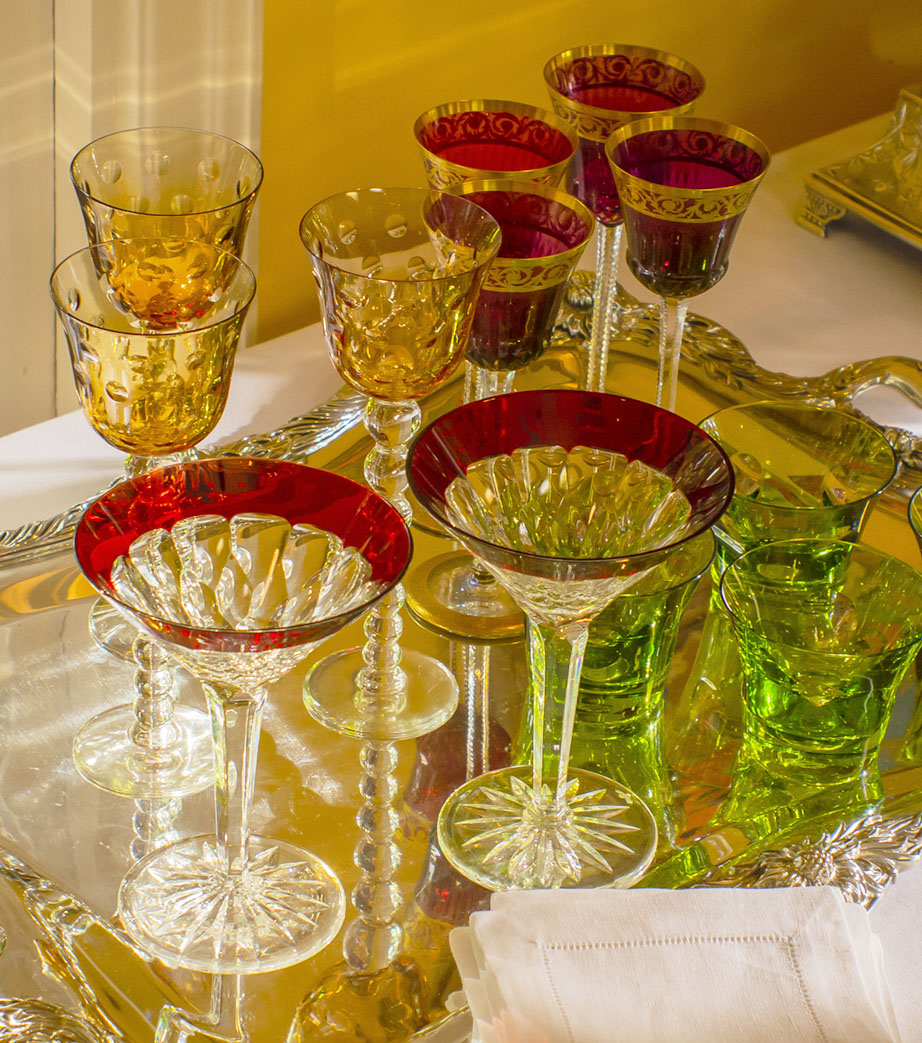 red-rimmed crystal martini glasses