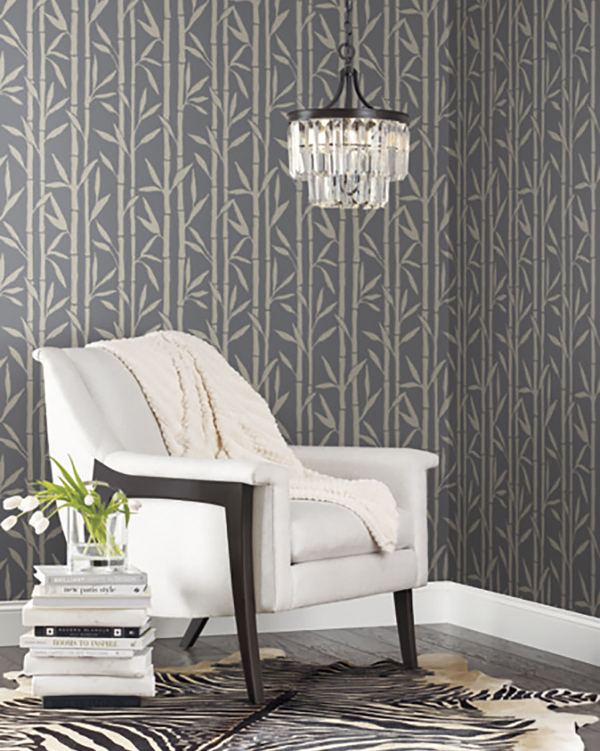 bamboo motif wallpaper with gold on a gray background