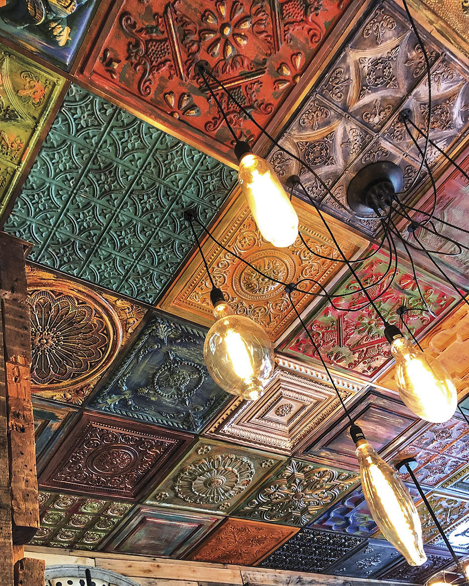 ornate vintage ceiling tiles painted various colors of Annie Sloan Chalk Paint