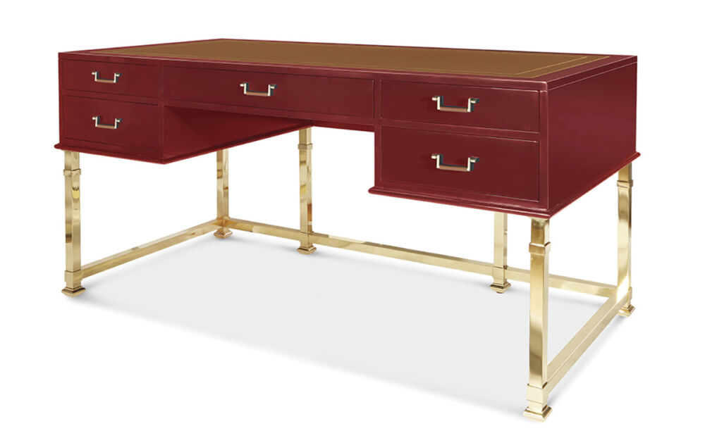 wood desk with a rich, reddish stain and a brass base