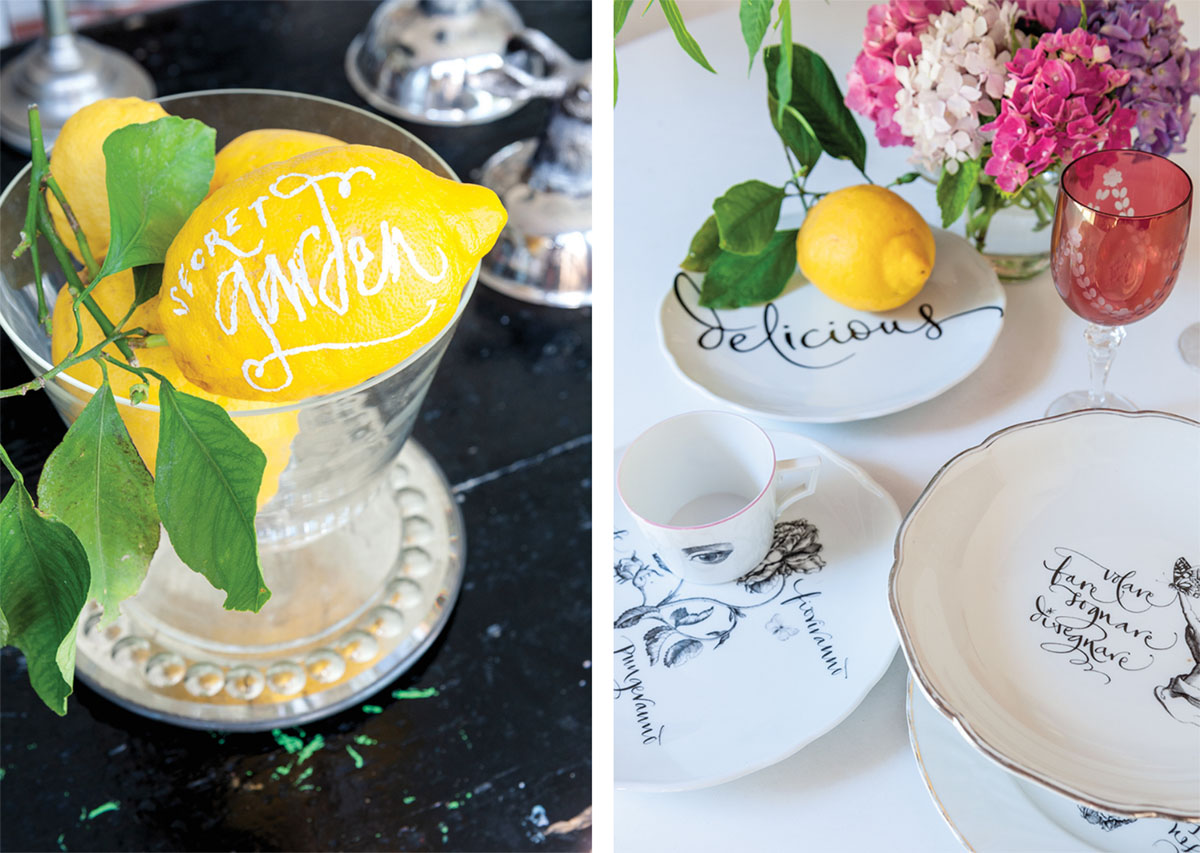 A lemon and dishes embellished with calligraphy