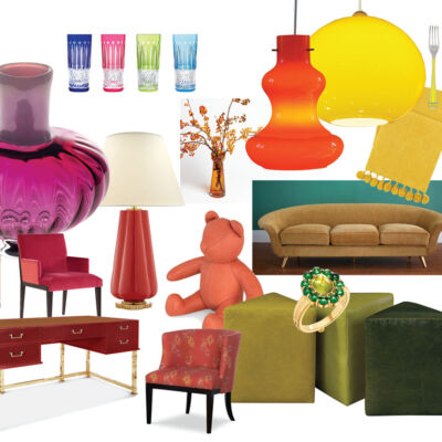 Colorful Home Decor & Accessories for 2021 - an assortment of furniture, glassware, lighting, and jewelry in a spectrum of colors from red to orange to yellow to green