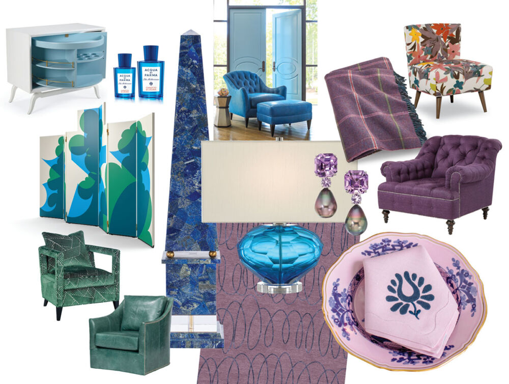 Colorful Home Decor & Accessories for 2021 - an assortment of furniture, glassware, lighting, and jewelry in a spectrum of colors from blue to violet
