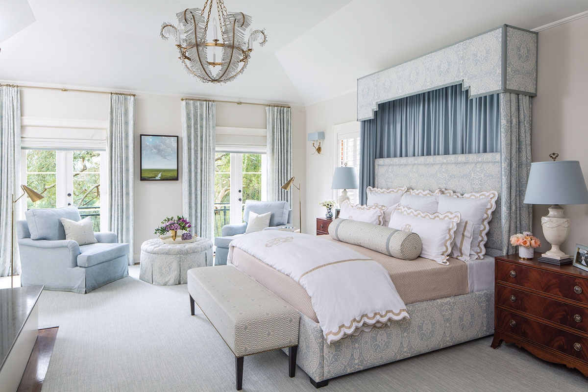 soft blue-and-white main bedroom by interior designer Emily Ruddo