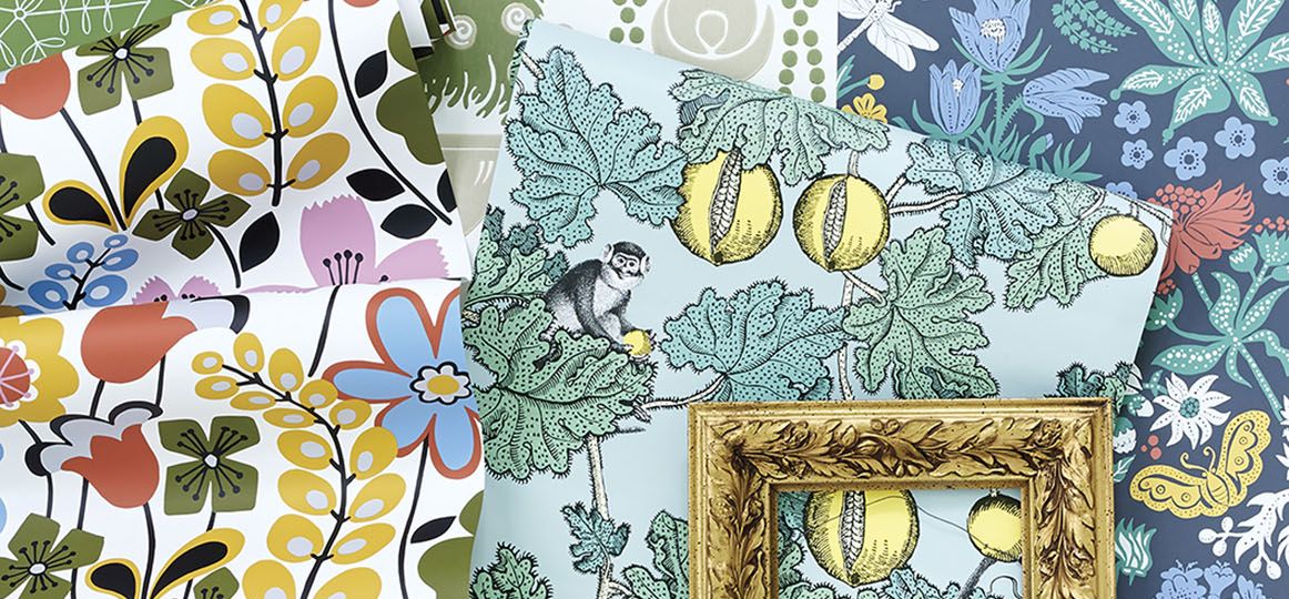 floral wallpapers with primarily green colorways and bold graphic prints