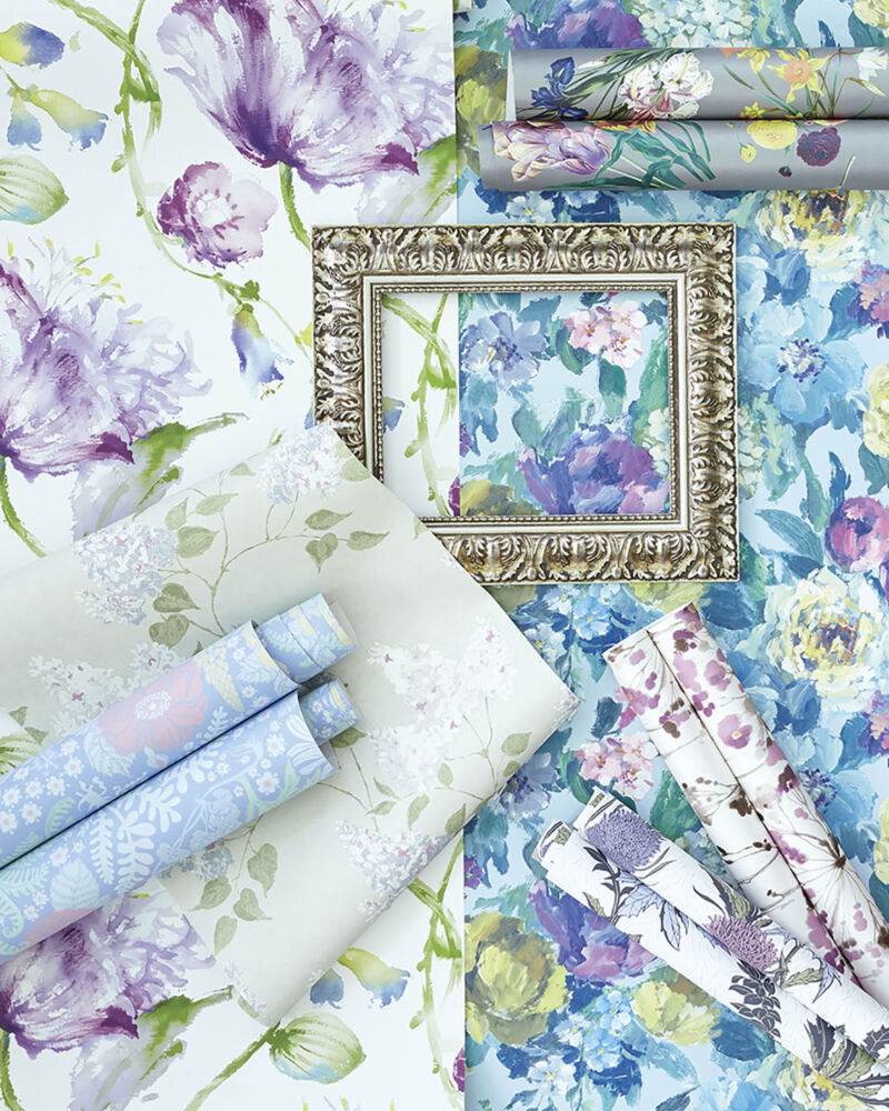 six patterns of floral wallpapers with vibrant purple and blue colorways