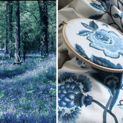 Photo of blooming Blue Bells (hyacintboides non-scripta) covering the woodland floor, juxtaposed with Suzanne Tucker’s “Gertrude” embroidered floral fabric in the color “blue bell”