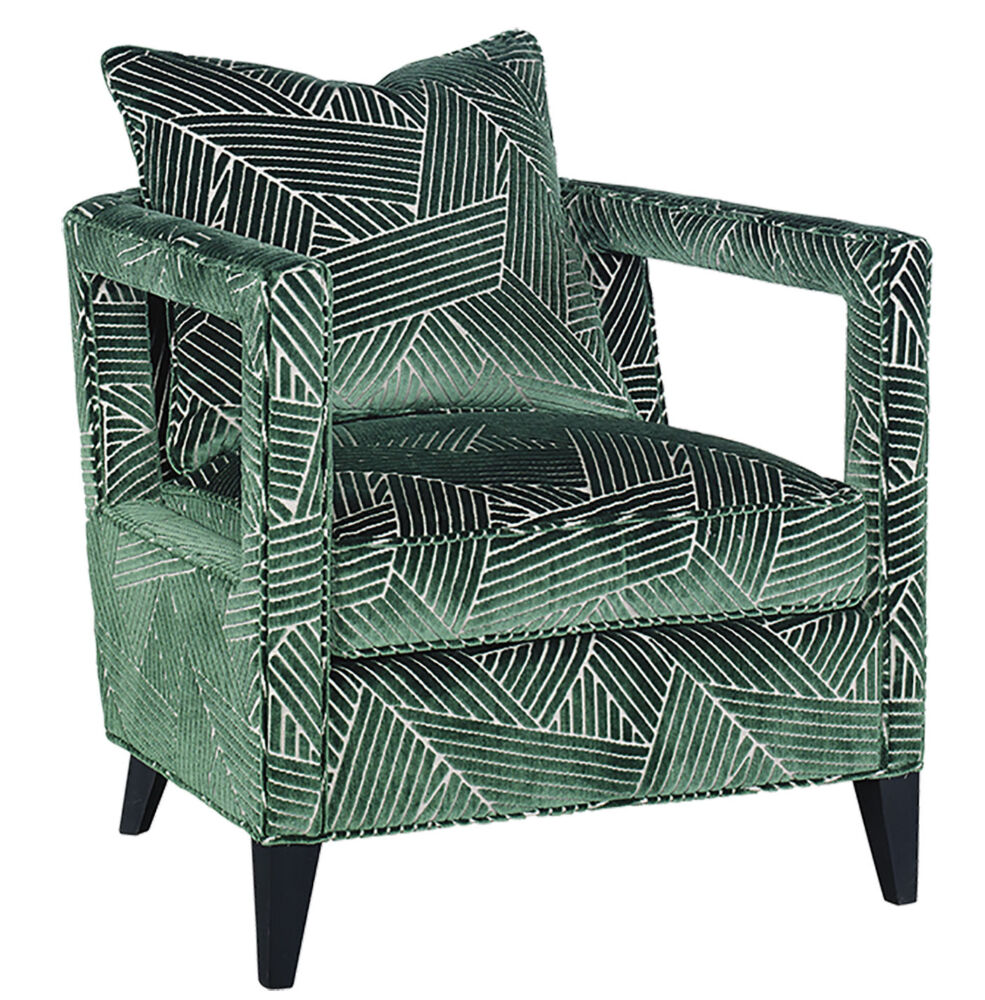 modern chair with rich green velvet and an art deco inspired pattern