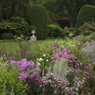 An English-garden style parterre featuring blooming perennial beds and expanses of green lawn surrounded by precisely groomed, curving walls of tall hedges. Camp Rosemary in Lake Forest)