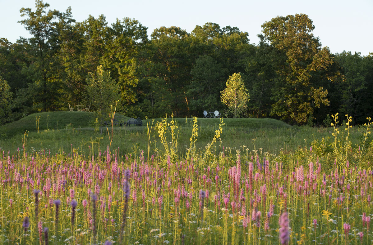 Caption from the book Gardens of the North Shore of Chicago: “Three mounds, each with seating, provide views of the prairie with its glowing blazing star (Liatris) and other native plants.” (Mettawa Manor in Mettawa)
