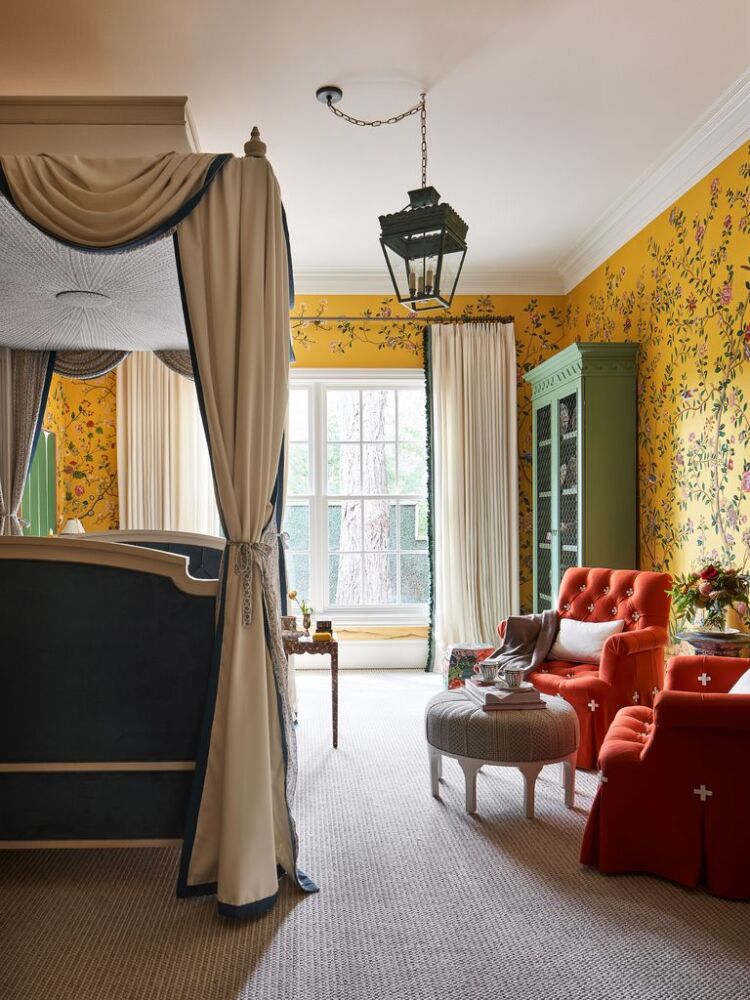 Bedroom with bright yellow floral wallpaper designed by Dina Bandman for Kips Bay Dallas showhouse 2020