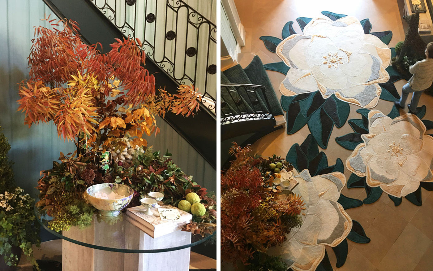 (left) photo of a large autumn floral arrangement on an entry table. (right) View of 3 magnolia-shaped rugs in foyer from perspective of second floor