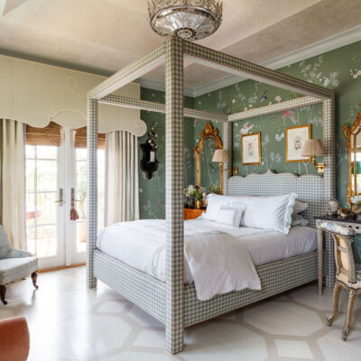 Bedroom with painted floor at the Kips Bay Palm Beach show house in 2021.