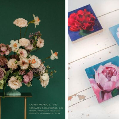 Flower Power: Floral design by Lauren Palmer dedicated to Greenwood, Tulsa. Photo via @thewildmother. Right: paintings of peonies by Amy R. Peterson
