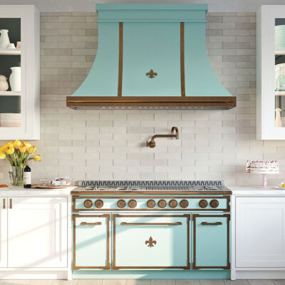 kitchen with white cabinets, white subway tile walls and backsplash, and retro style Tiffany blue French range and hood from L'Atelier Paris