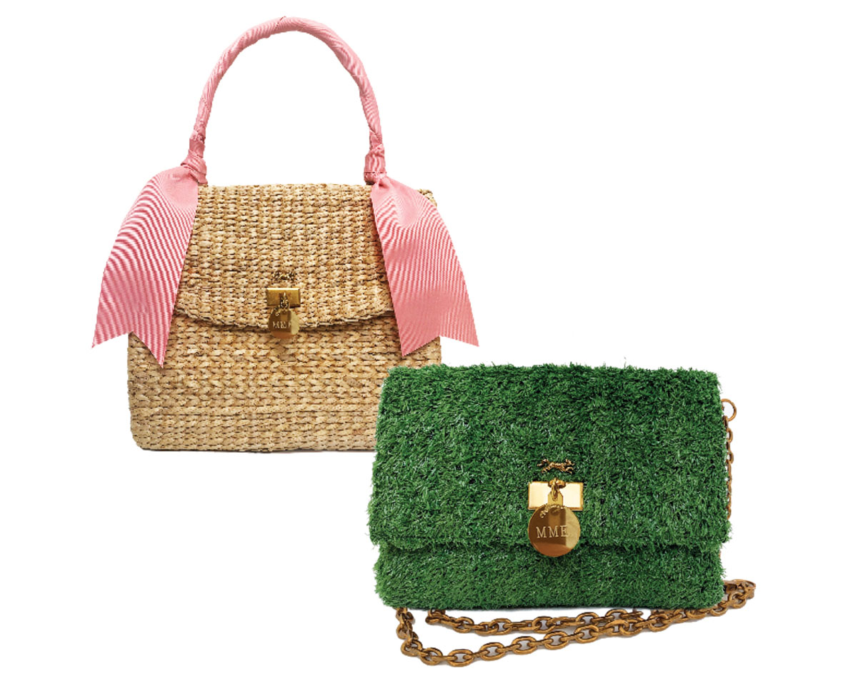 MINK "grass" clutch and "Lady Jane" woven bag with pink handle