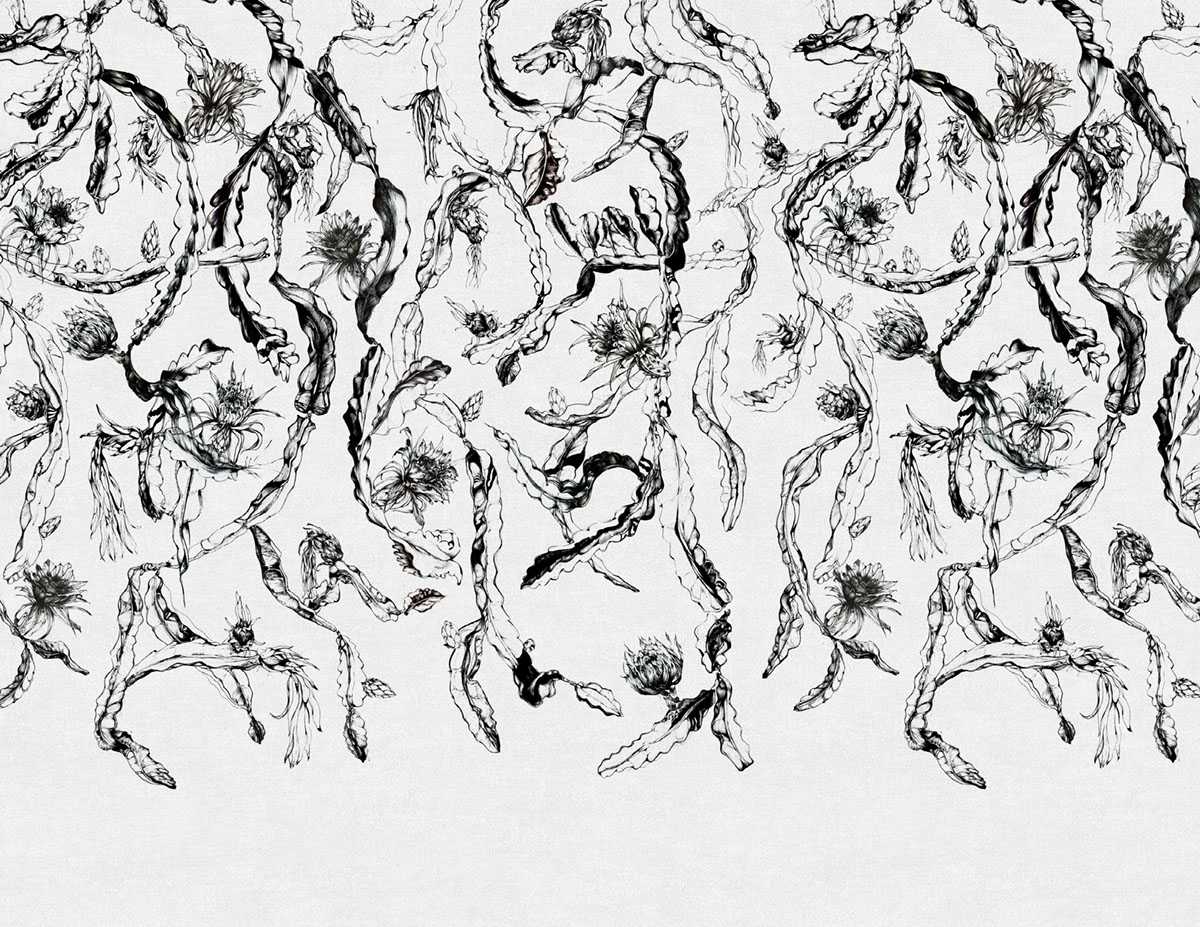 abstract black-on-white floral wallcovering from Manuka Textiles