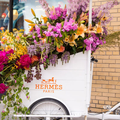 Hermes street cart filled with flowers, a floral design by Renny and Reed for the inaugural L.E.A.F. Flower Festival in New York City