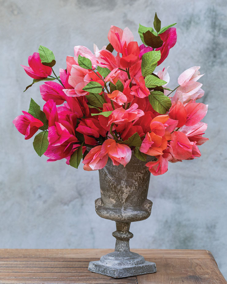 paper bougainvillea created by Suzonne Sterling arranged in a compote vase