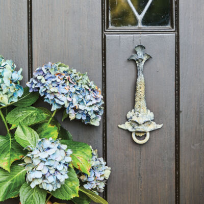 Agatha Studio brass door knocker by artist Patty B. Driscoll. Depicting a Regency dolphin, the knocker is mounted on a black tongue-and-groove wooden door, photographed with blue hydrangea flowers