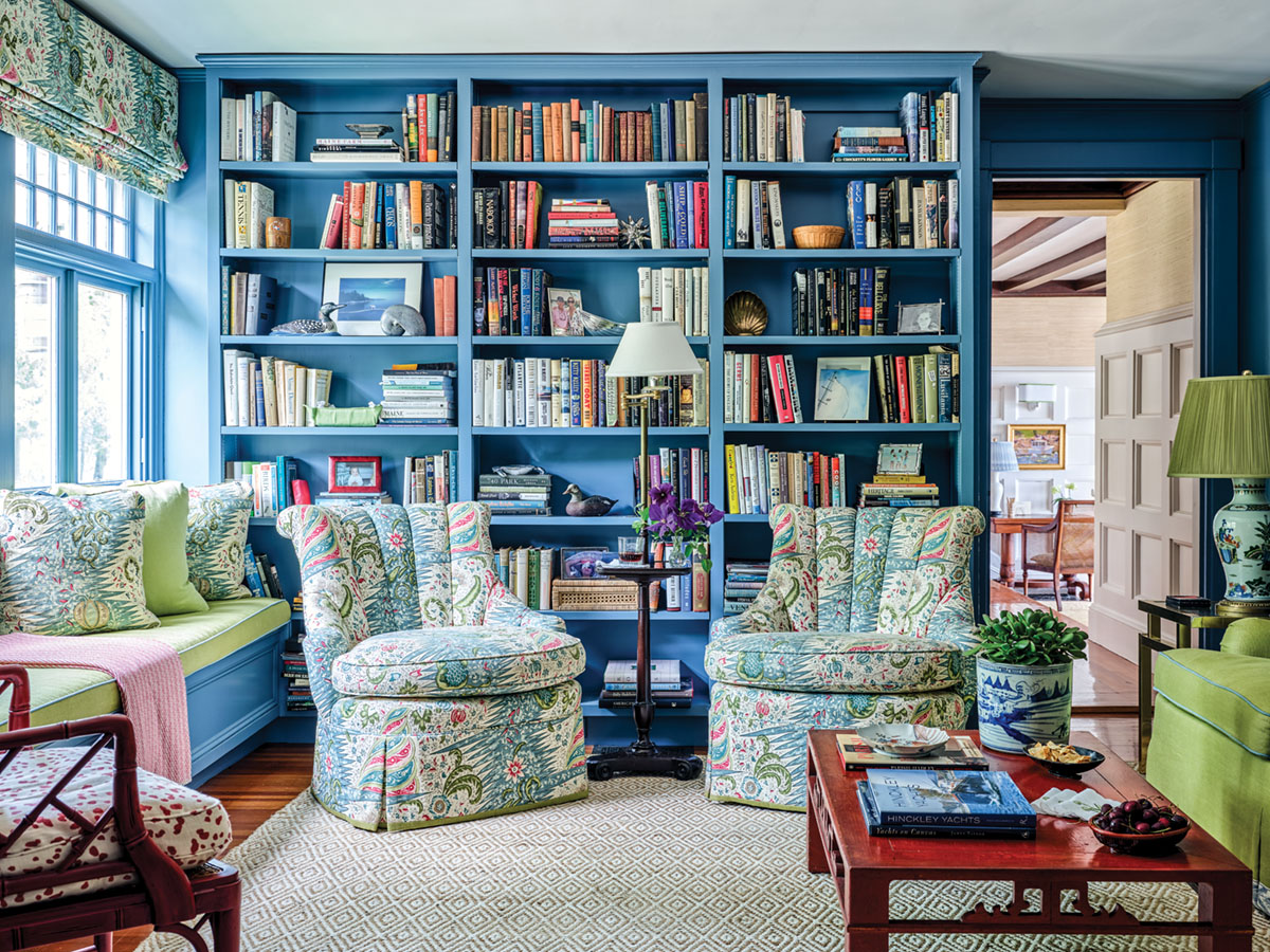blue home library designed by Meg Braff