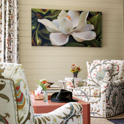 Flower magazine showhouse at Brierfield, living room seating, magnolia painting