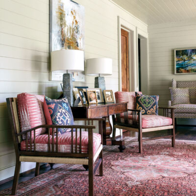entryway gallery seating, Flower magazine showhouse at Brierfield
