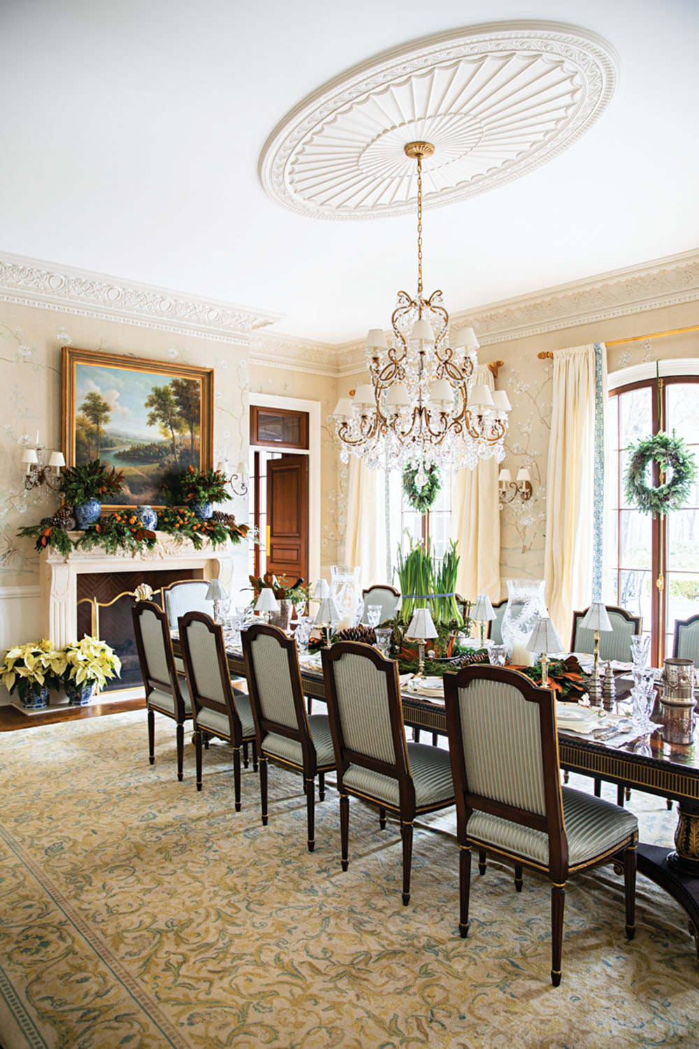 dining room, wreaths, white poinsettia, mantle decor