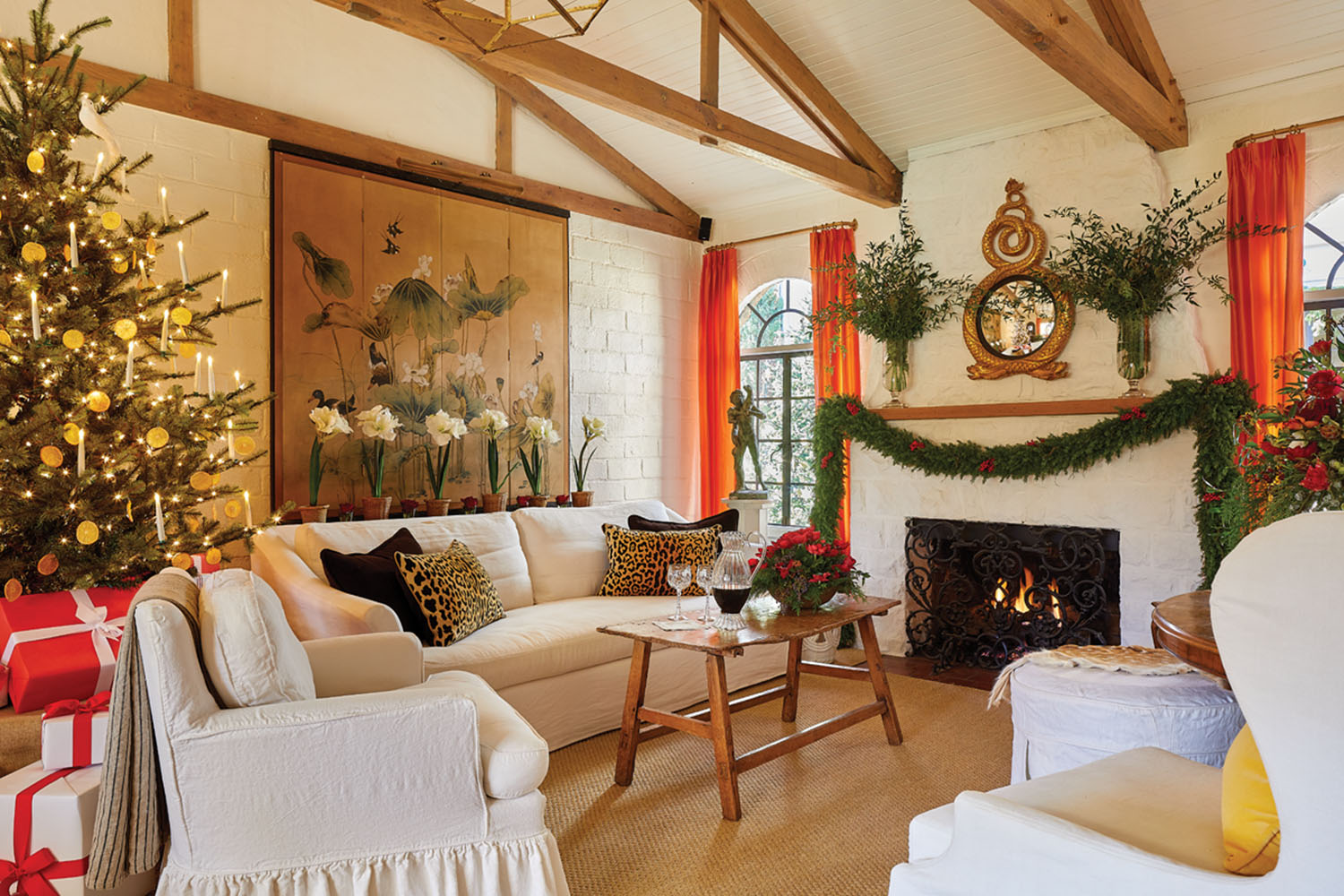 living room holiday decor, mantel, garland, exposed ceiling beams