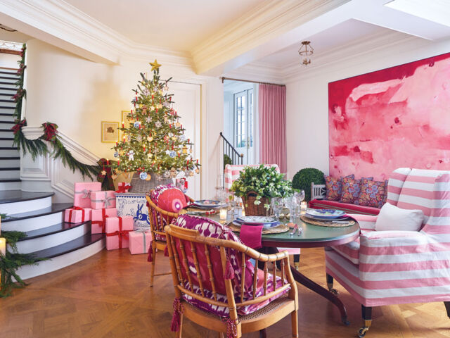 pink holiday decor, eat-in kitchen