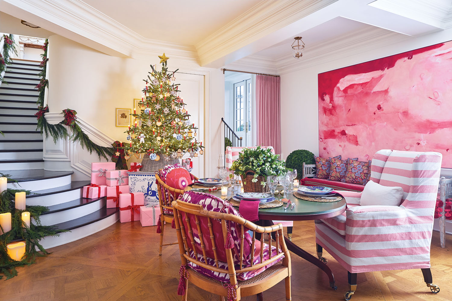 pink holiday decor, eat-in kitchen