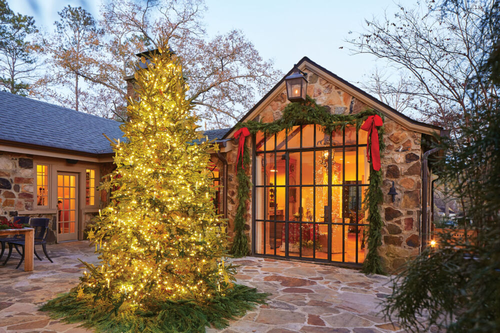 outdoor Christmas tree, stone patio