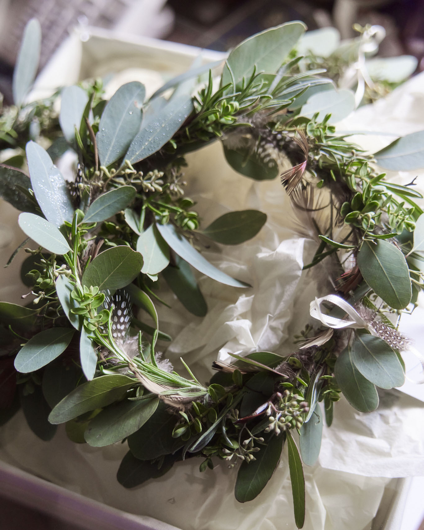 India Hicks's Wedding Party Flowers, junior bridesmaid headpieces, eucalyptus crowns